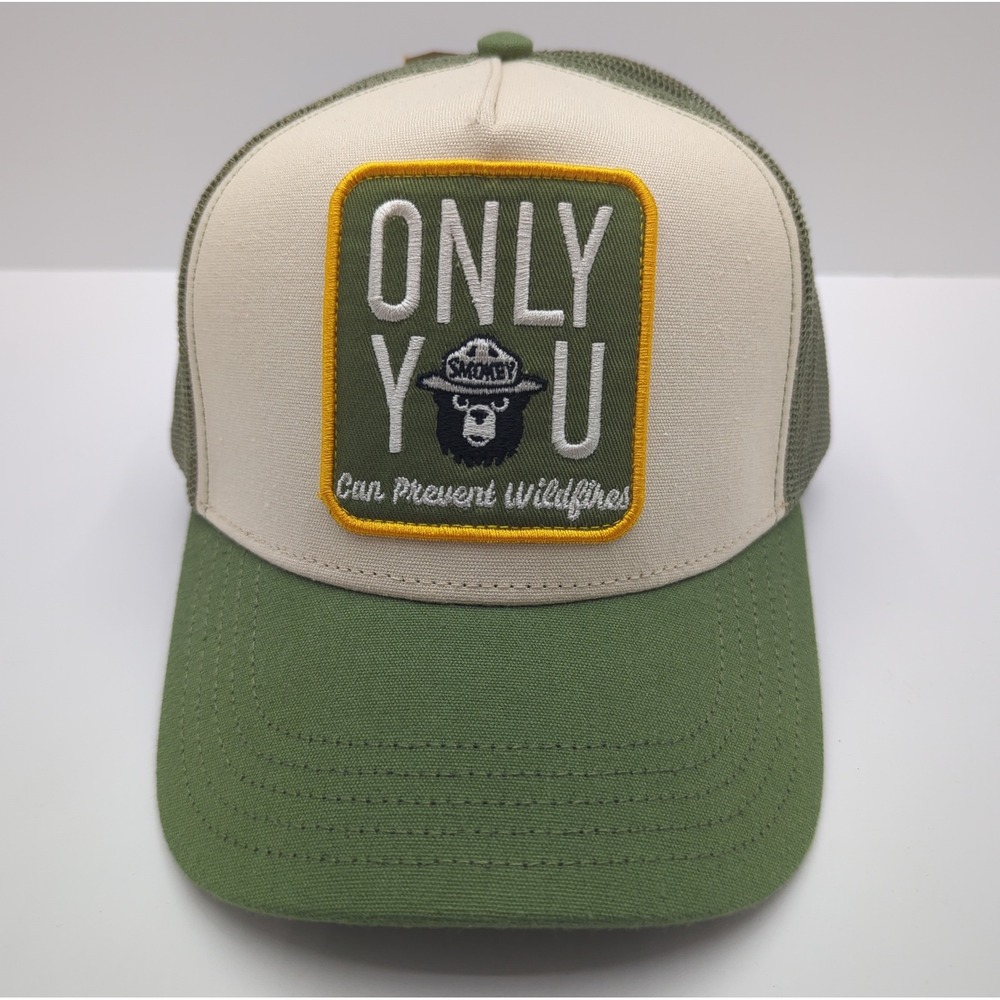 Smokey Bear Only You Prevent Wildfires Trucker Hat Mesh Snapback Green Cream NEW - Picture 2 of 12